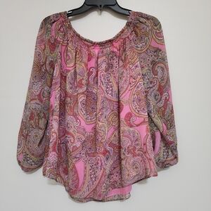 TOMMY HILFIGER size Large Off the Shoulder Paisley Boho Pleated Blouse Pink